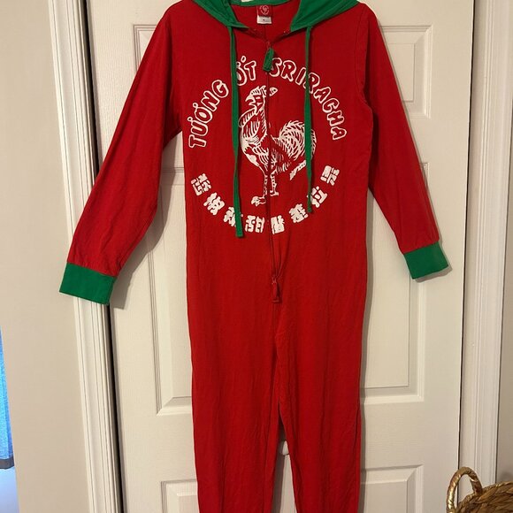Adult Onesie Sriracha Hot Sauce Red and Green Pajamas and Costume - Picture 1 of 11